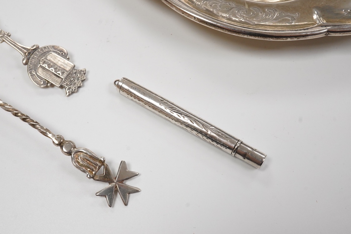 An early Victorian engraved silver plate, of cusped form, by Riley & Storer, London, 1844, with later engraved inscription, 17.5cm, together with two later silver cigarette cases, three silver condiments, a late Victoria